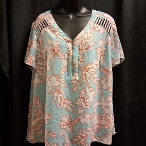 Worthington Floral V-Neck Blouse - Torquoise Blue and Peach